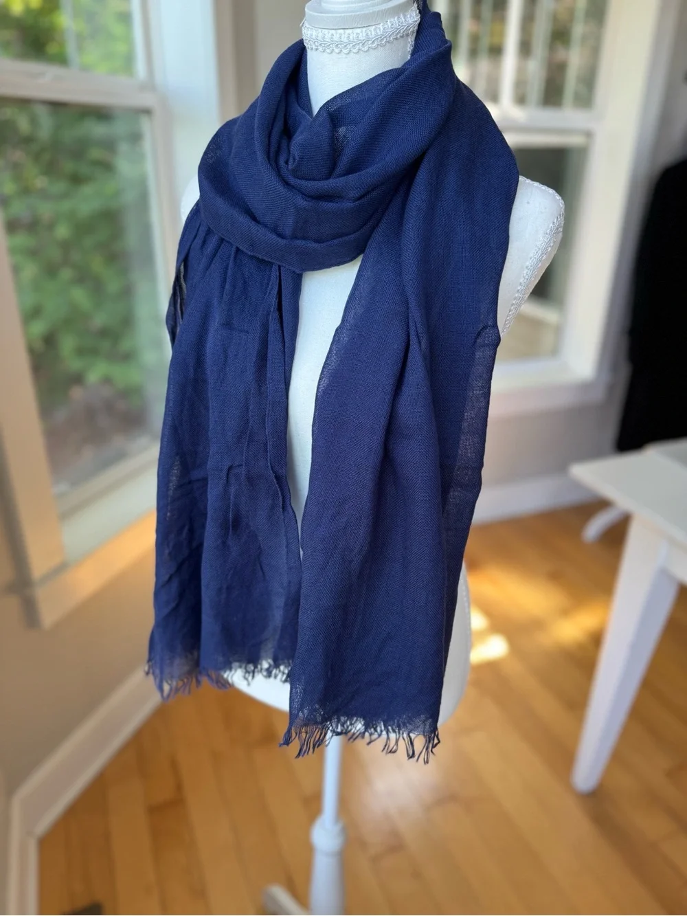 Vintage Cobalt Blue Lightweight Woven Rectangle Scarf Wrap with Fringe